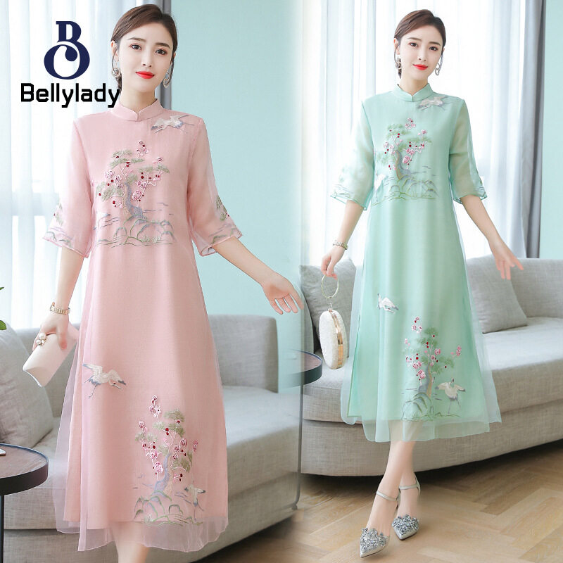 BellyLady Women Summer Embroidered Dress Chinese Ethnic Style Half Sleeves A-line Skirt Large Size Loose Dress