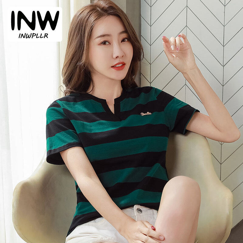INWPLLR Women's Striped T-shirts Summer Women T-shirt Plus Size Short-sleeved Tshirt Korean Version Cotton Tee Tops Lady