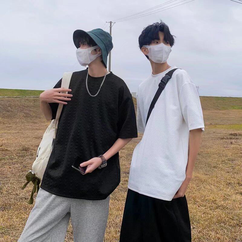 Waffle t shirt Men 2022 New Korean Style Oversize Plain Fashion Tops Loose Casual t-shirt